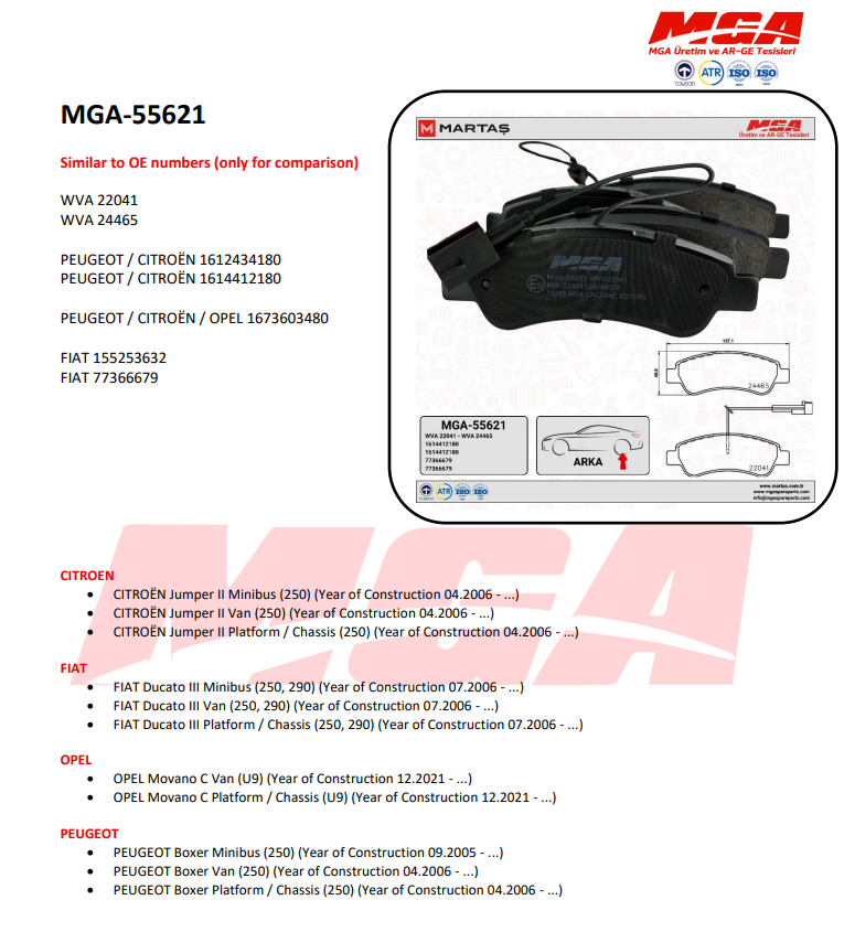 Brake Pads Set Rear 55621 MGA 1612434180 1614412180 1673603480 77366679 Quality