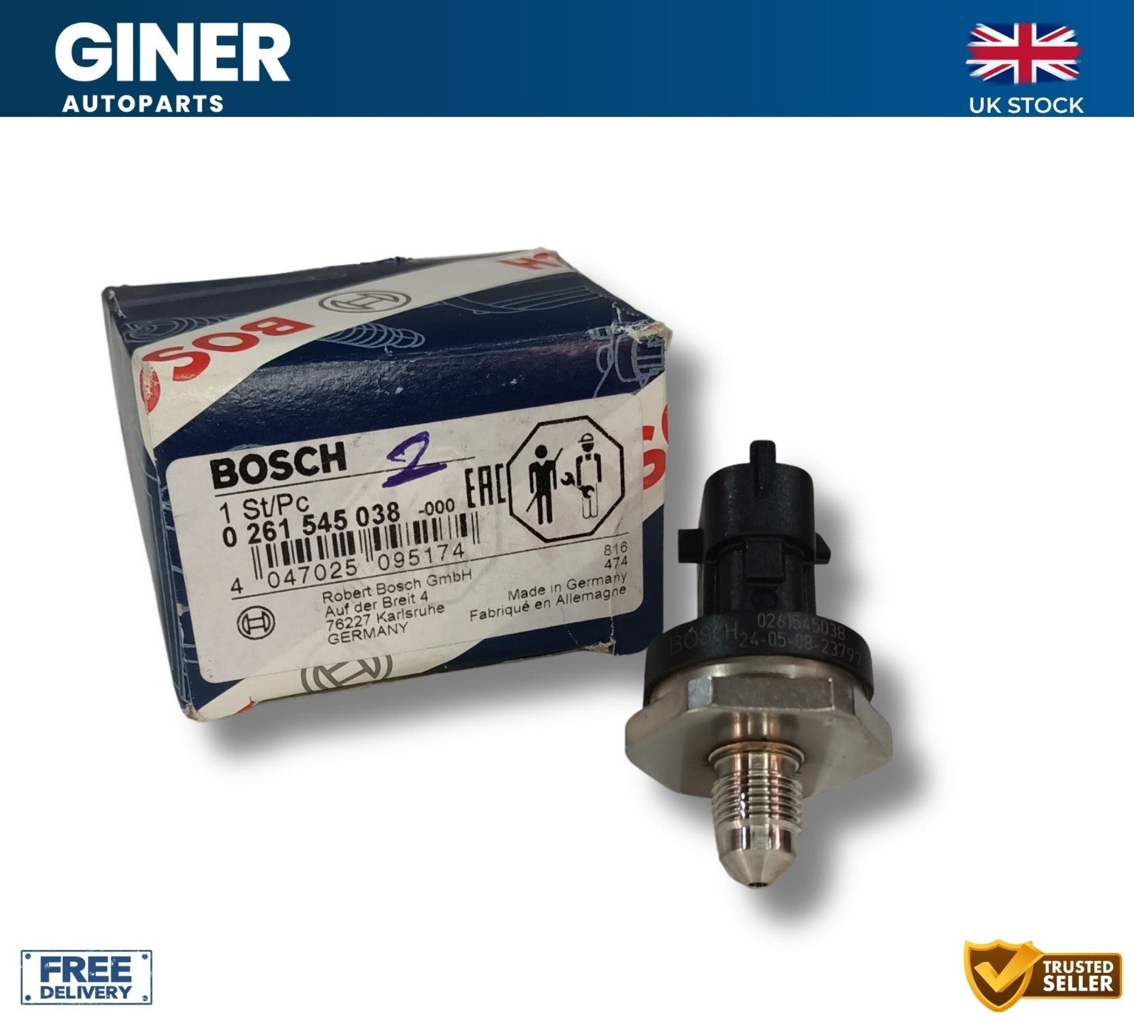 Bosch Genuine Fuel Pressure Sensor For Ford / Volvo - 0261545038