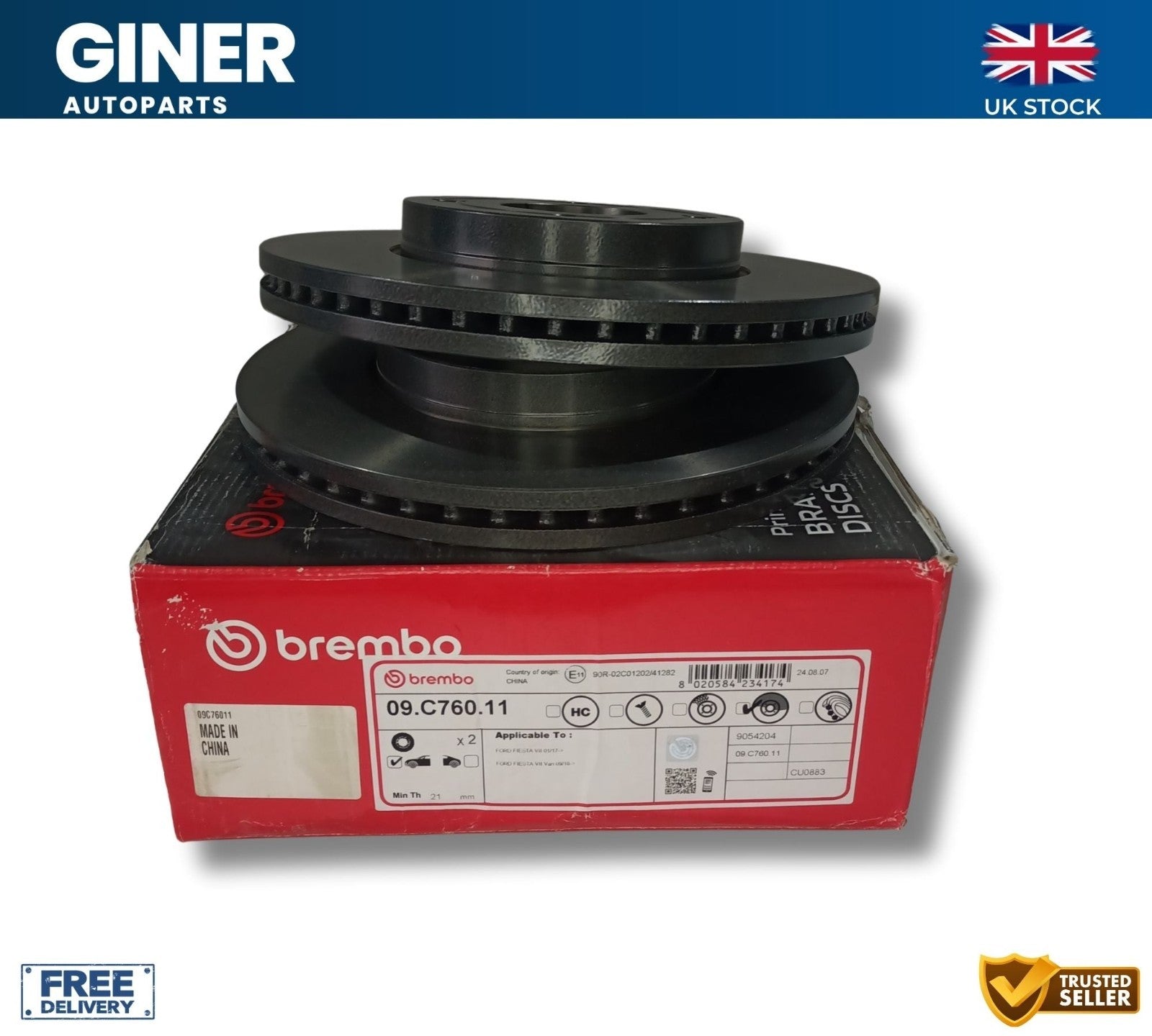 BREMBO Front Brake Discs Pair Vented 262mm For Ford Fiesta VII HJ, HF